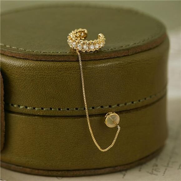 Gold Rhinestone Fringe Clip Earrings | Long Crystal Dangle Hoops - Picture 7 of 7